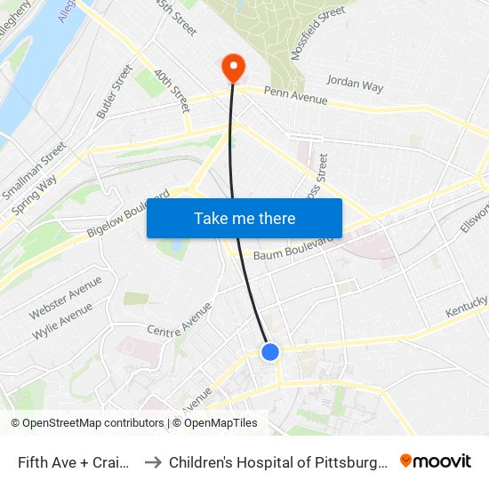 Fifth Ave + Craig St Ns to Children's Hospital of Pittsburgh of UPMC map