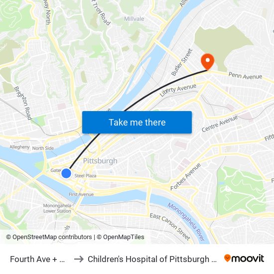 Fourth Ave + Wood to Children's Hospital of Pittsburgh of UPMC map
