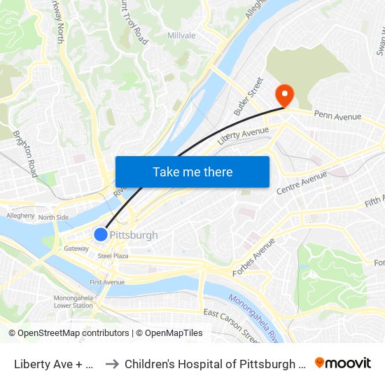 Liberty Ave + 9th St to Children's Hospital of Pittsburgh of UPMC map