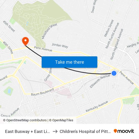 East Busway + East Liberty Station B to Children's Hospital of Pittsburgh of UPMC map