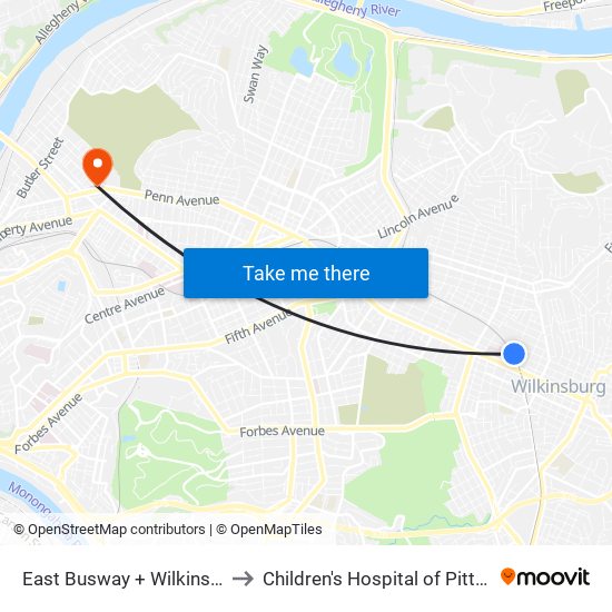 East Busway + Wilkinsburg Station B to Children's Hospital of Pittsburgh of UPMC map