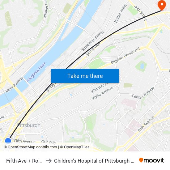 Fifth Ave + Ross St to Children's Hospital of Pittsburgh of UPMC map