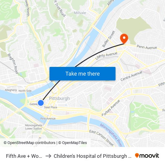 Fifth Ave + Wood St to Children's Hospital of Pittsburgh of UPMC map