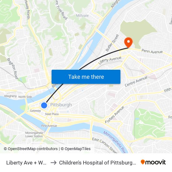 Liberty Ave + Wood St to Children's Hospital of Pittsburgh of UPMC map