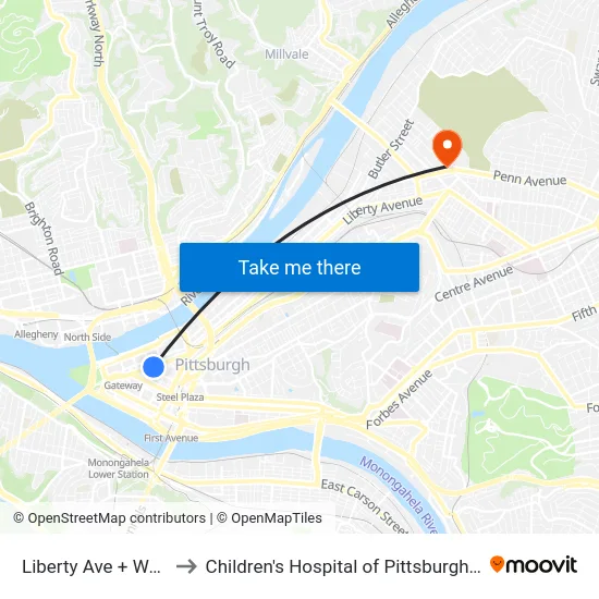 Liberty Ave + Wood St to Children's Hospital of Pittsburgh of UPMC map