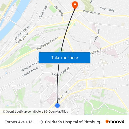 Forbes Ave + Mckee Pl to Children's Hospital of Pittsburgh of UPMC map