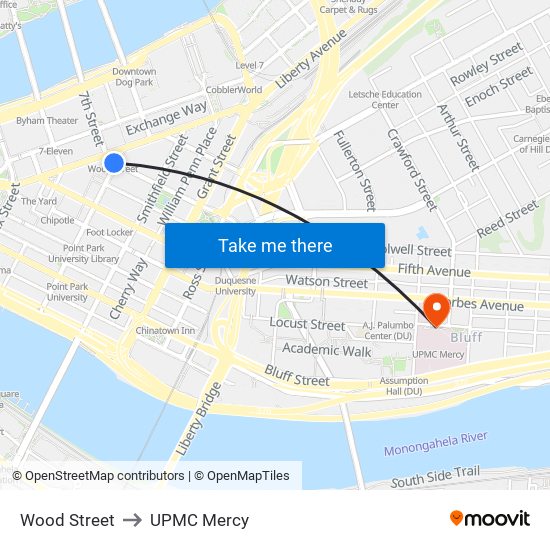 Wood Street to UPMC Mercy map