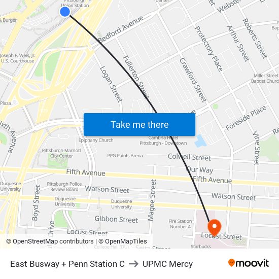 East Busway + Penn Station C to UPMC Mercy map