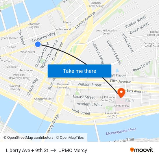 Liberty Ave + 9th St to UPMC Mercy map