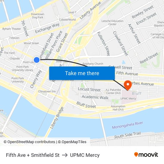 Fifth Ave + Smithfield St to UPMC Mercy map