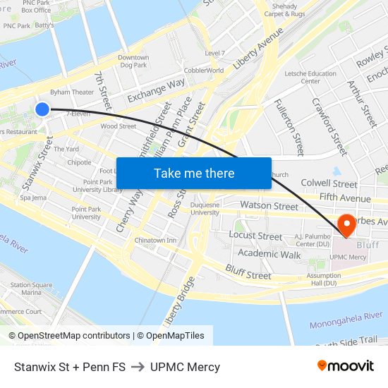 Stanwix St + Penn FS to UPMC Mercy map