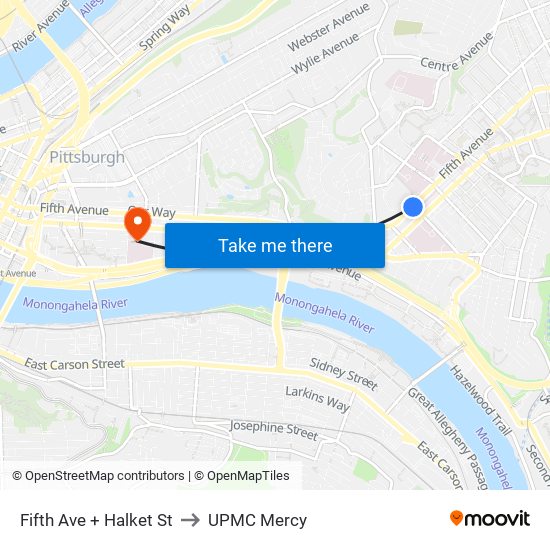 Fifth Ave + Halket St to UPMC Mercy map