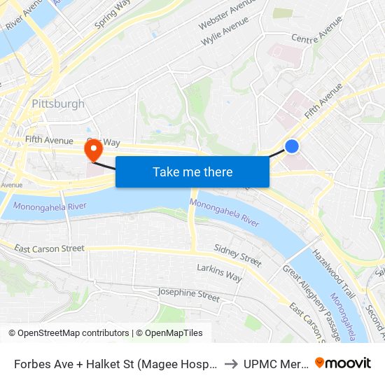 Forbes Ave + Halket St (Magee Hospital) to UPMC Mercy map