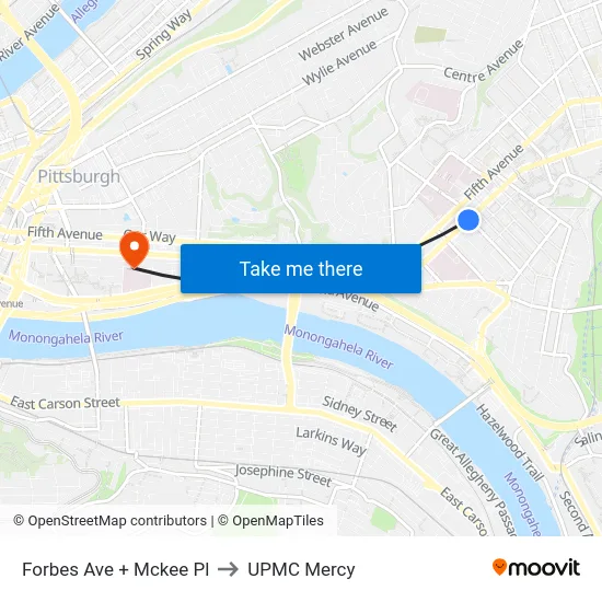 Forbes Ave + Mckee Pl to UPMC Mercy map