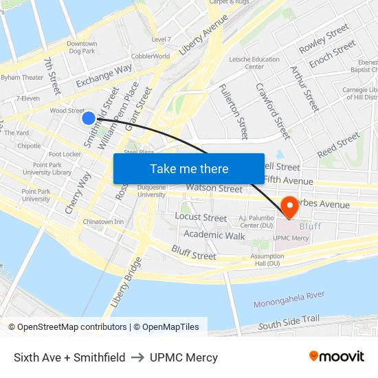 Sixth Ave + Smithfield to UPMC Mercy map