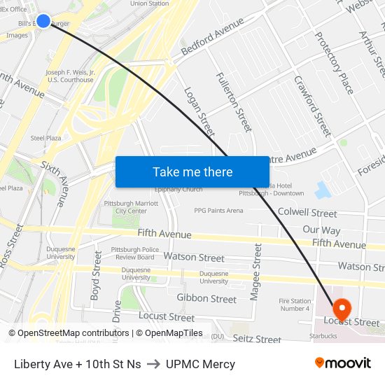 Liberty Ave + 10th St Ns to UPMC Mercy map