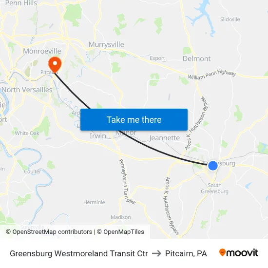 Greensburg Westmoreland Transit Ctr to Pitcairn, PA map