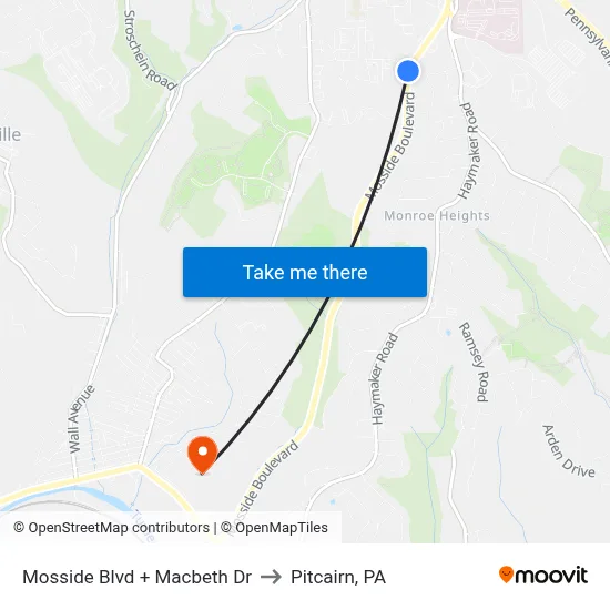 Mosside Blvd + Macbeth Dr to Pitcairn, PA map