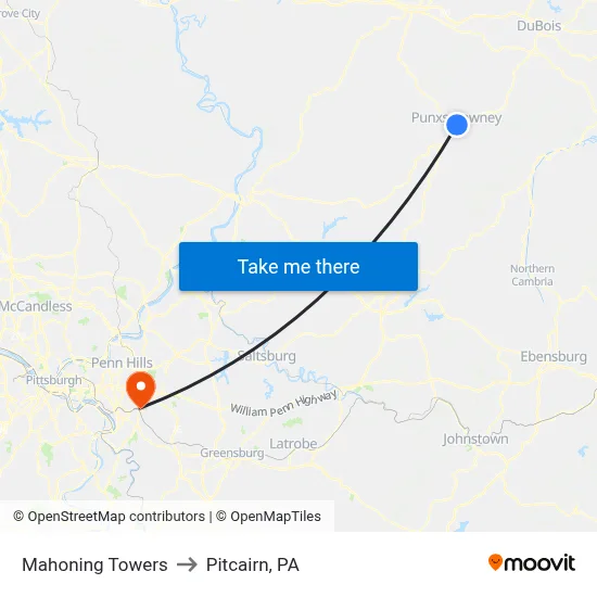 Mahoning Towers to Pitcairn, PA map