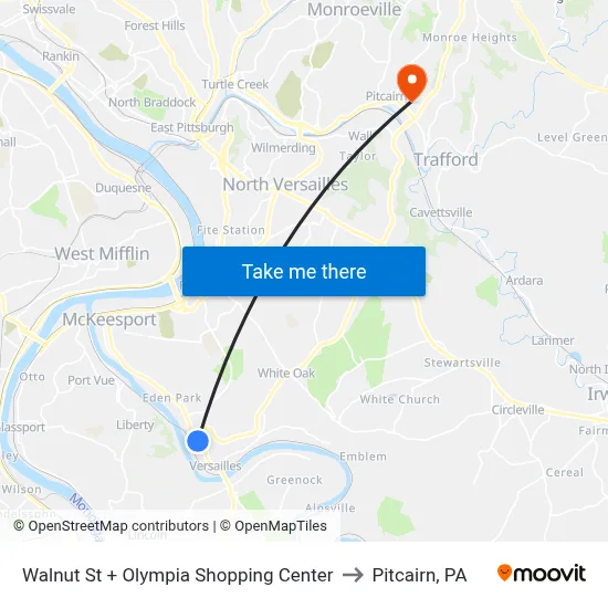 Walnut St + Olympia Shopping Center to Pitcairn, PA map