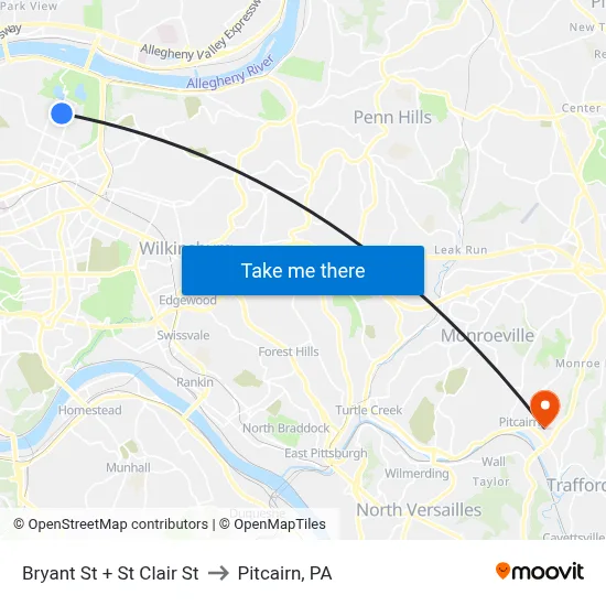 Bryant St + St Clair St to Pitcairn, PA map