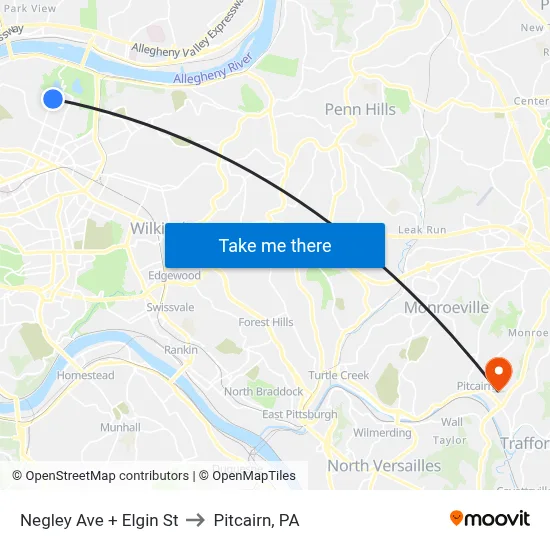Negley Ave + Elgin St to Pitcairn, PA map