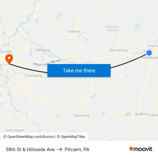 58th St & Hillsaide Ave to Pitcairn, PA map