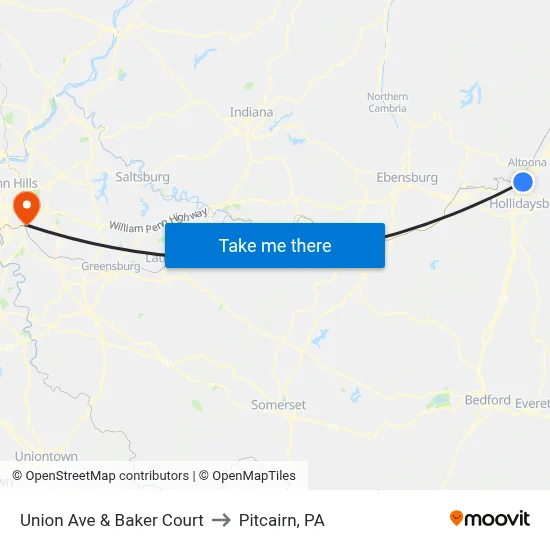 Union Ave & Baker Court to Pitcairn, PA map