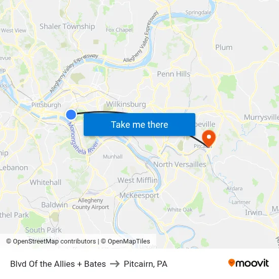 Blvd Of the Allies + Bates to Pitcairn, PA map