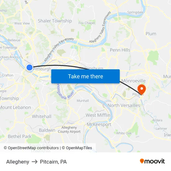 Allegheny to Pitcairn, PA map