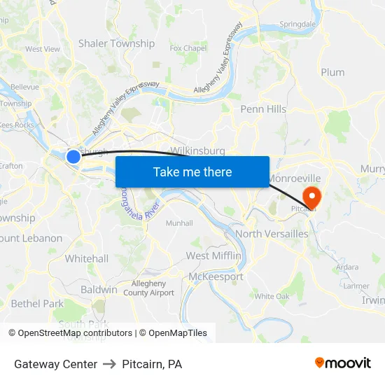 Gateway Center to Pitcairn, PA map