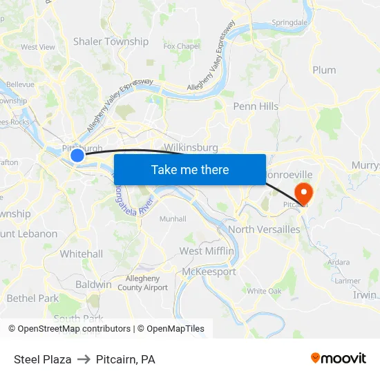 Steel Plaza to Pitcairn, PA map