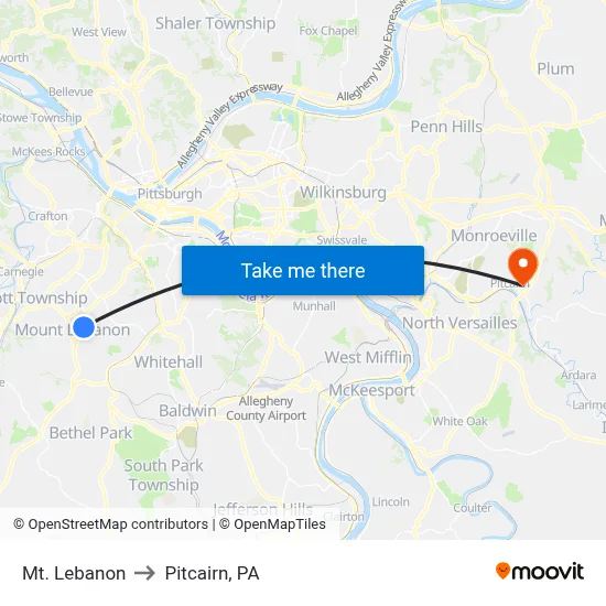Mt. Lebanon to Pitcairn, PA map