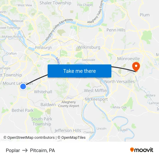 Poplar to Pitcairn, PA map