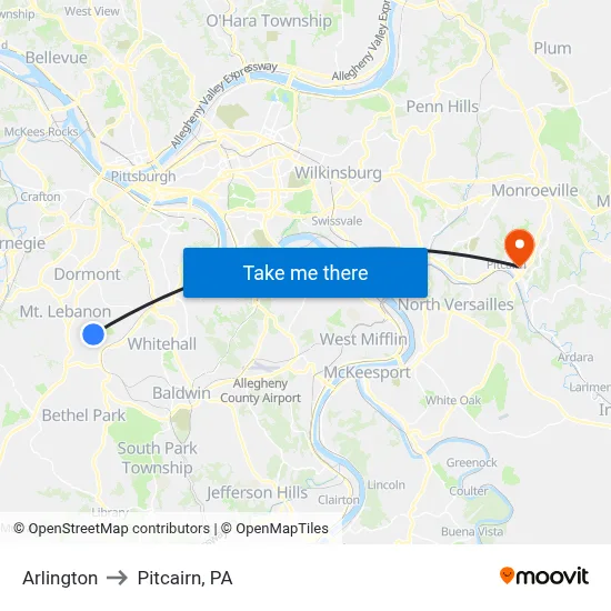 Arlington to Pitcairn, PA map