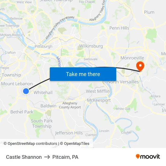 Castle Shannon to Pitcairn, PA map