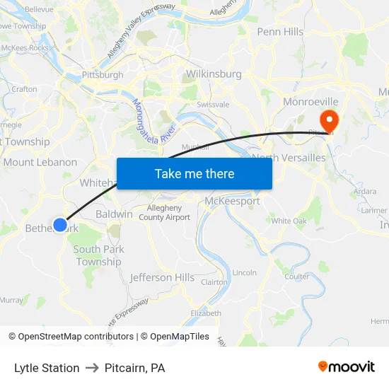 Lytle Station to Pitcairn, PA map