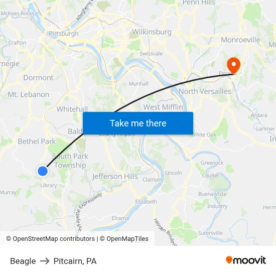 Beagle to Pitcairn, PA map