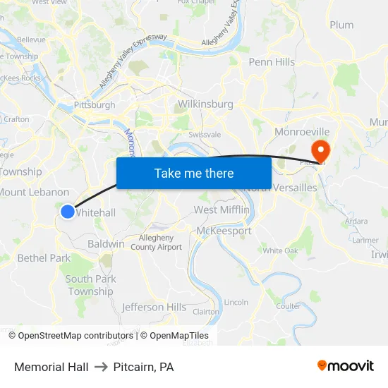 Memorial Hall to Pitcairn, PA map