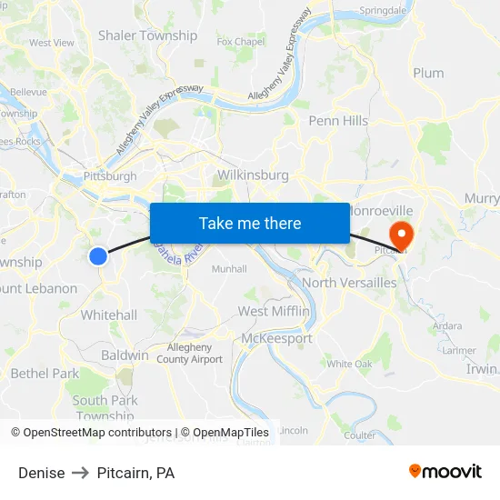 Denise to Pitcairn, PA map