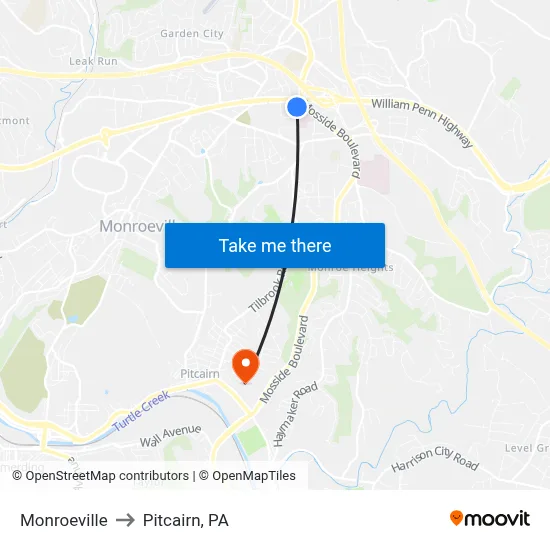 Monroeville to Pitcairn, PA map