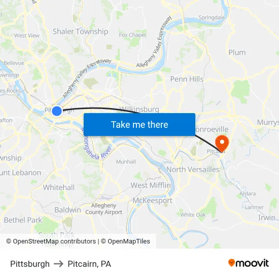 Pittsburgh to Pitcairn, PA map
