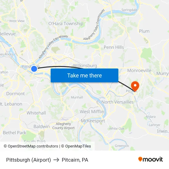 Pittsburgh (Airport) to Pitcairn, PA map