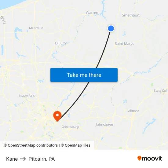 Kane to Pitcairn, PA map