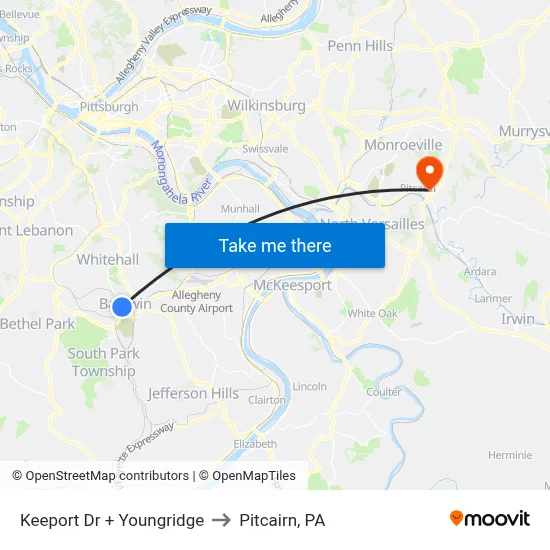 Keeport Dr + Youngridge to Pitcairn, PA map