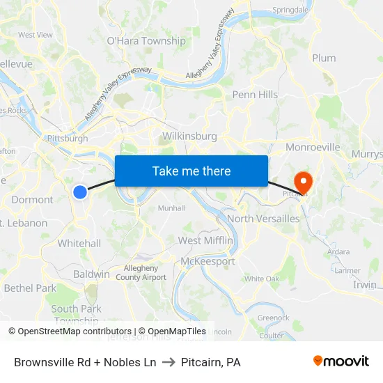 Brownsville Rd + Nobles Ln to Pitcairn, PA map