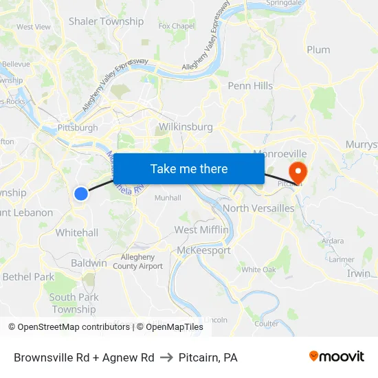 Brownsville Rd + Agnew Rd to Pitcairn, PA map