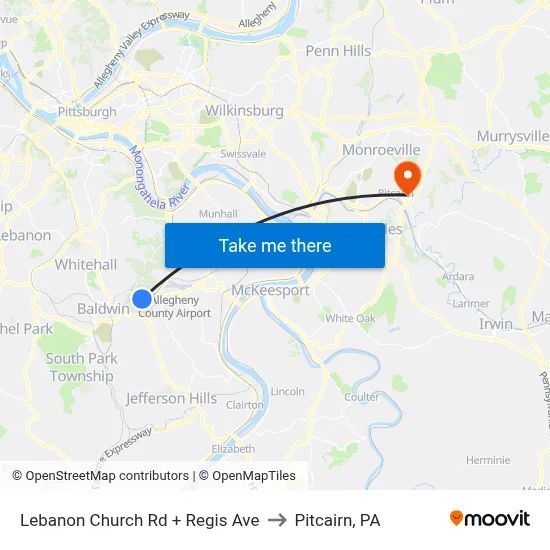 Lebanon Church Rd + Regis Ave to Pitcairn, PA map