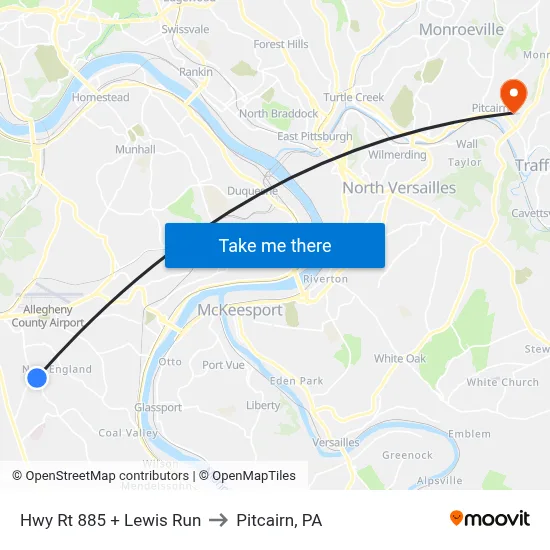 Hwy Rt 885 + Lewis Run to Pitcairn, PA map