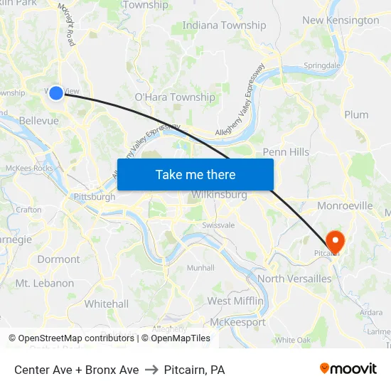 Center Ave + Bronx Ave to Pitcairn, PA map